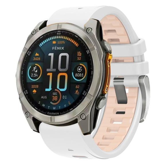 For Garmin Fenix 8 AMOLED 43mm Silver Steel Buckle Quick Release Silicone Watch Band(White Khaki)