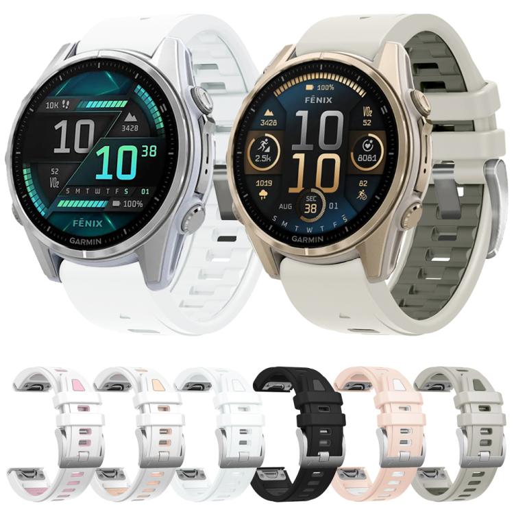 For Garmin Fenix 8 AMOLED 43mm Silver Steel Buckle Quick Release Silicone Watch Band(White Khaki)