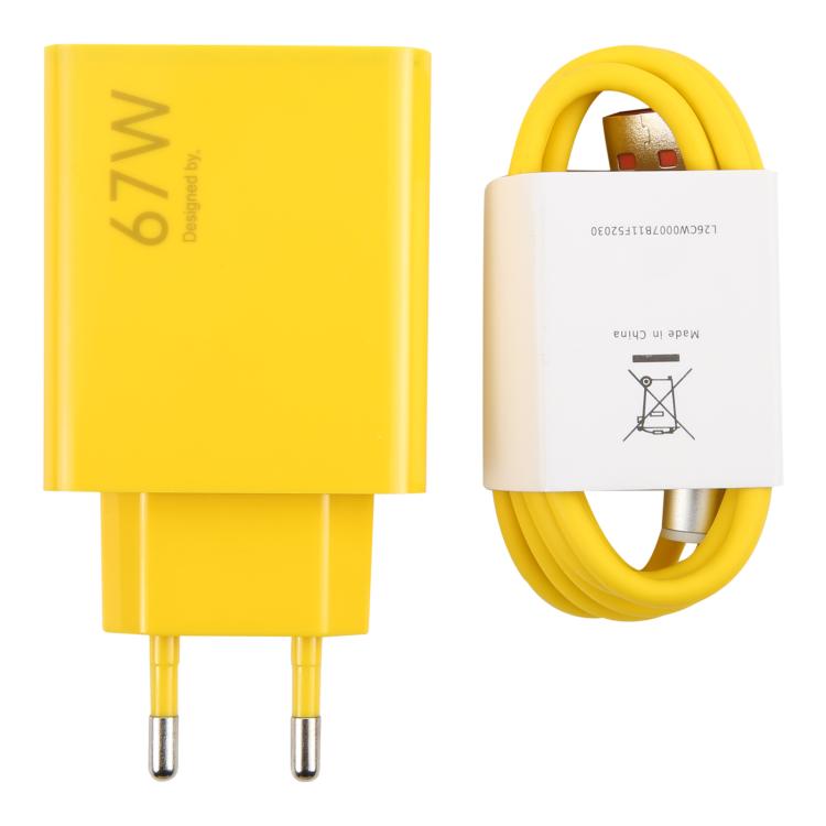 67W USB Fast Charger with 1m USB to Elbow Type-C Cable, Plug Type:EU Plug(Yellow)