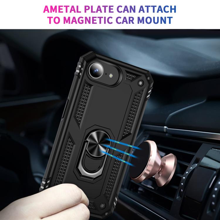 For iPhone 16e Shockproof TPU Hybrid PC Phone Case with Holder(Black)