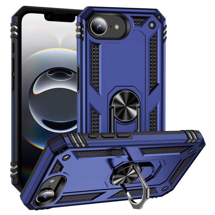 For iPhone 16e Shockproof TPU Hybrid PC Phone Case with Holder(Blue)