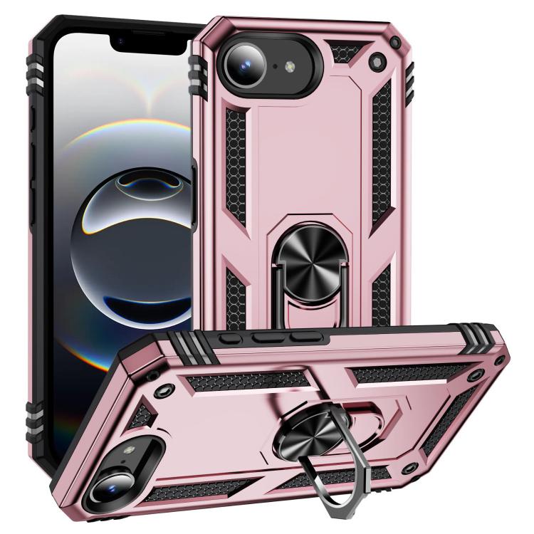 For iPhone 16e Shockproof TPU Hybrid PC Phone Case with Holder(Rose Gold)