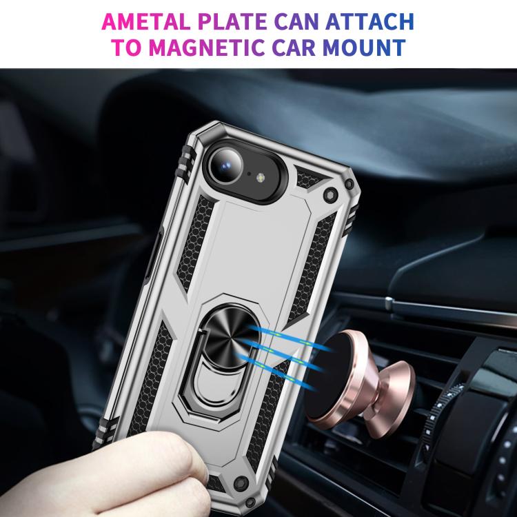 For iPhone 16e Shockproof TPU Hybrid PC Phone Case with Holder(Silver)
