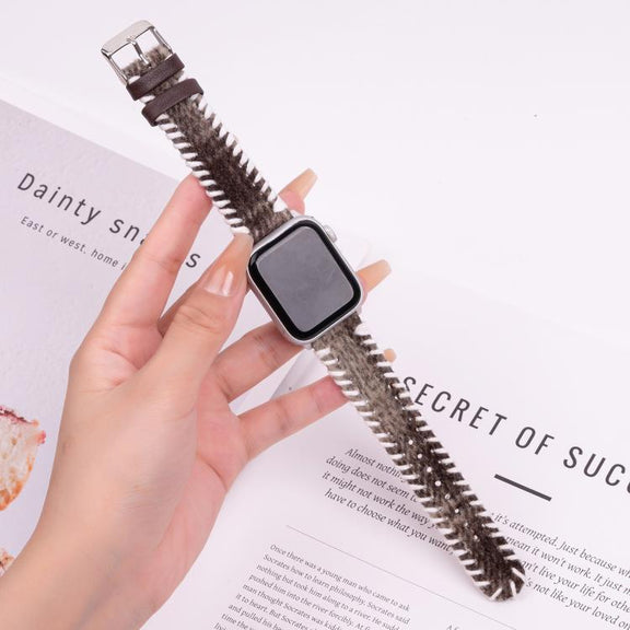 For Apple Watch 42mm / 41mm / 40mm / 38mm Retro Stitched Wool Genuine Leather Watch Band(Coffee)