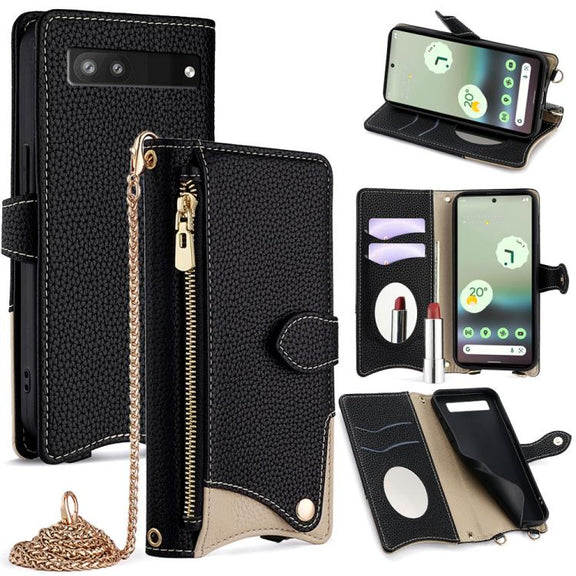 For Google Pixel 6a Crossbody Chain Fishtail Litchi Leather Phone Case(Black)