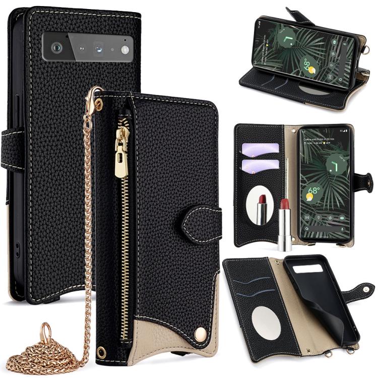 For Google Pixel 6 Pro Crossbody Chain Fishtail Litchi Leather Phone Case(Black)