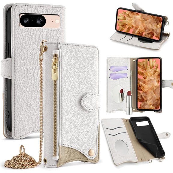 For Google Pixel 8 Crossbody Chain Fishtail Litchi Leather Phone Case(White)