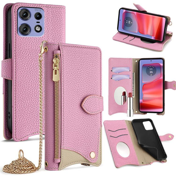 For Motorola Edge 50 Pro Crossbody Chain Fishtail Litchi Leather Phone Case(Pink)