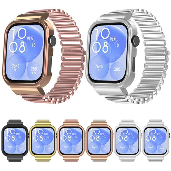For Huawei Watch Fit3 Hollow Chain Metal Frame Watch Band(Rose Gold+Starlight)