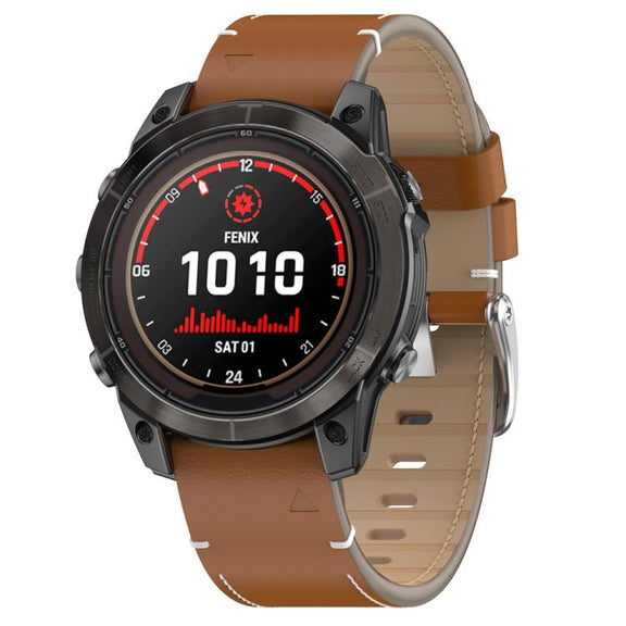 For Garmin Watch 26mm Stitched Genuine Leather Quick Release Watch Band(Brown Silver)