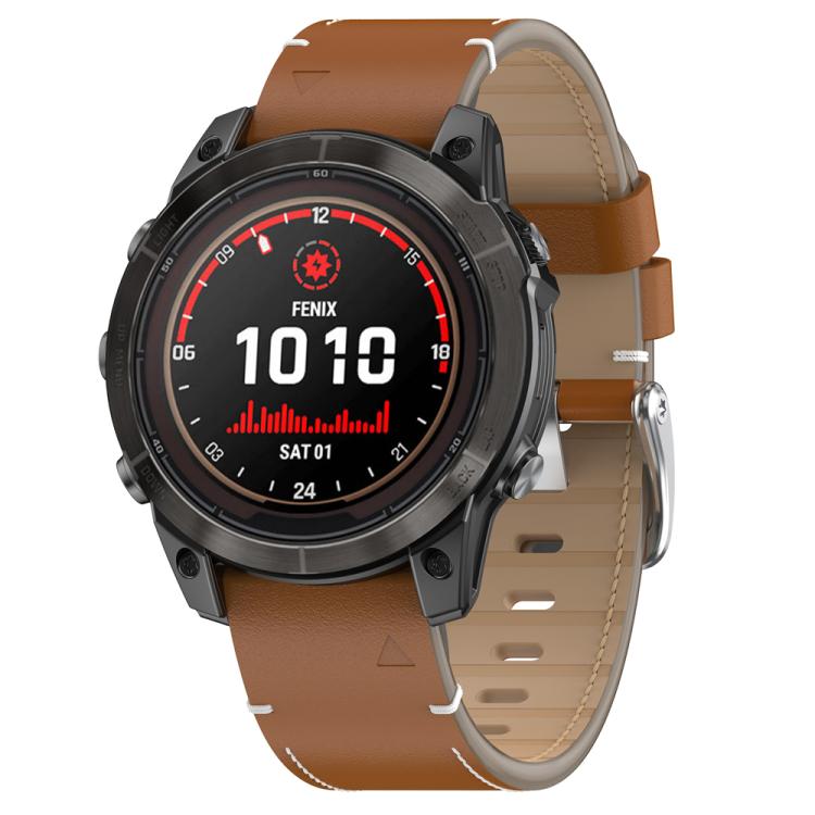 For Garmin Watch 22mm Stitched Genuine Leather Quick Release Watch Band(Brown Silver)