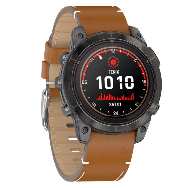 For Garmin Watch 22mm Stitched Genuine Leather Quick Release Watch Band(Brown Silver)