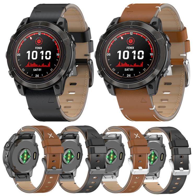 For Garmin Watch 26mm Stitched Genuine Leather Quick Release Watch Band(Brown Silver)