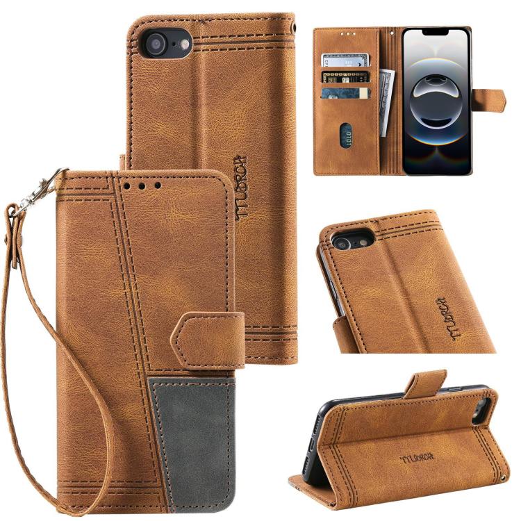For iPhone 16e TTUDRCH Embossed Line Splicing Leather Phone Case(Brown)