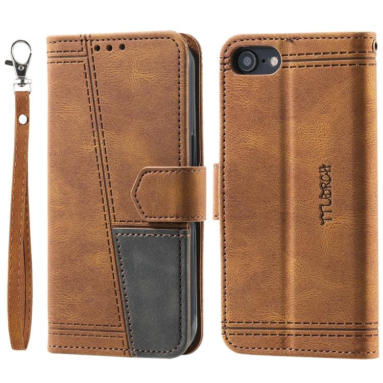 For iPhone 16e TTUDRCH Embossed Line Splicing Leather Phone Case(Brown)