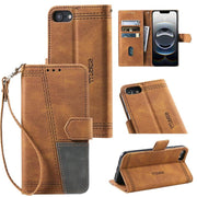 For iPhone 16e TTUDRCH Embossed Line Splicing Leather Phone Case(Brown)