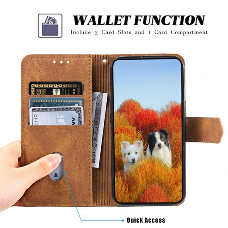 For iPhone 16e TTUDRCH Embossed Line Splicing Leather Phone Case(Brown)