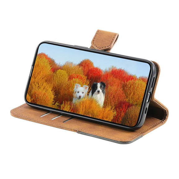 For iPhone 16e TTUDRCH Embossed Line Splicing Leather Phone Case(Brown)