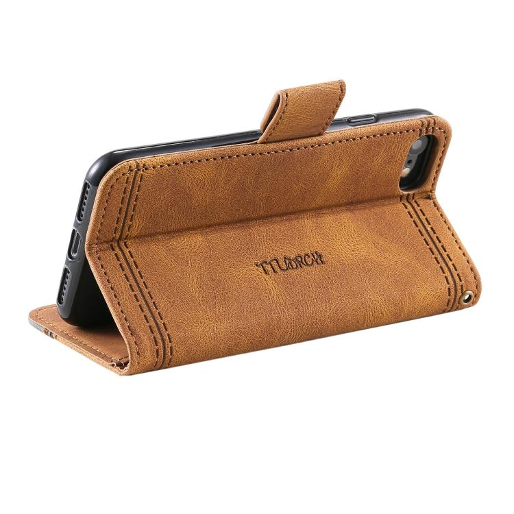 For iPhone 16e TTUDRCH Embossed Line Splicing Leather Phone Case(Brown)
