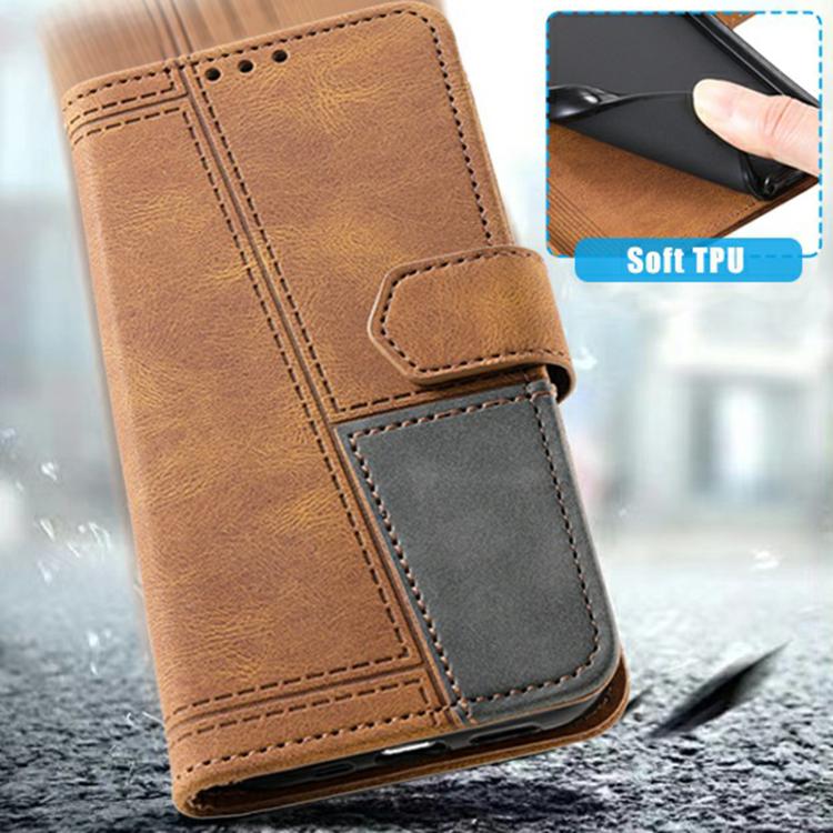 For iPhone 16e TTUDRCH Embossed Line Splicing Leather Phone Case(Brown)