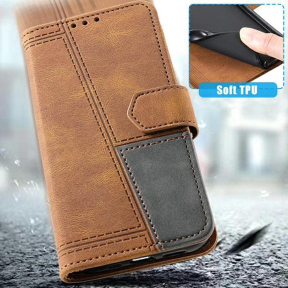 For iPhone 16e TTUDRCH Embossed Line Splicing Leather Phone Case(Brown)