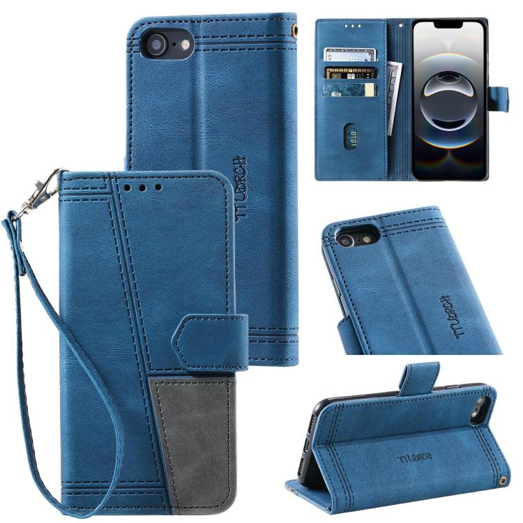 For iPhone 16e TTUDRCH Embossed Line Splicing Leather Phone Case(Blue)