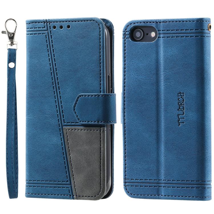 For iPhone 16e TTUDRCH Embossed Line Splicing Leather Phone Case(Blue)