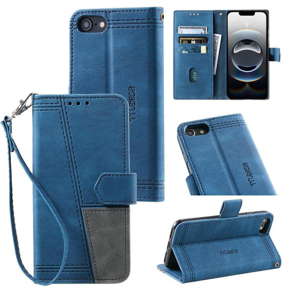 For iPhone 16e TTUDRCH Embossed Line Splicing Leather Phone Case(Blue)