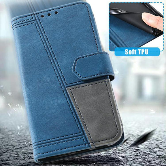 For iPhone 16e TTUDRCH Embossed Line Splicing Leather Phone Case(Blue)