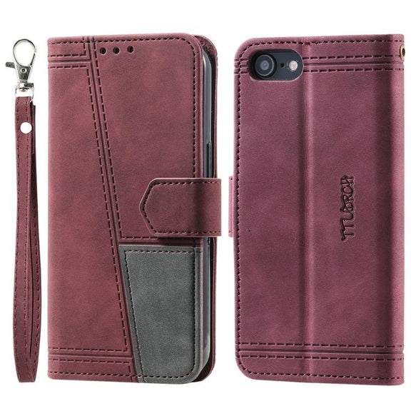For iPhone 16e TTUDRCH Embossed Line Splicing Leather Phone Case(Wine Red)