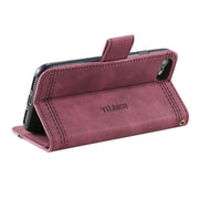For iPhone 16e TTUDRCH Embossed Line Splicing Leather Phone Case(Wine Red)