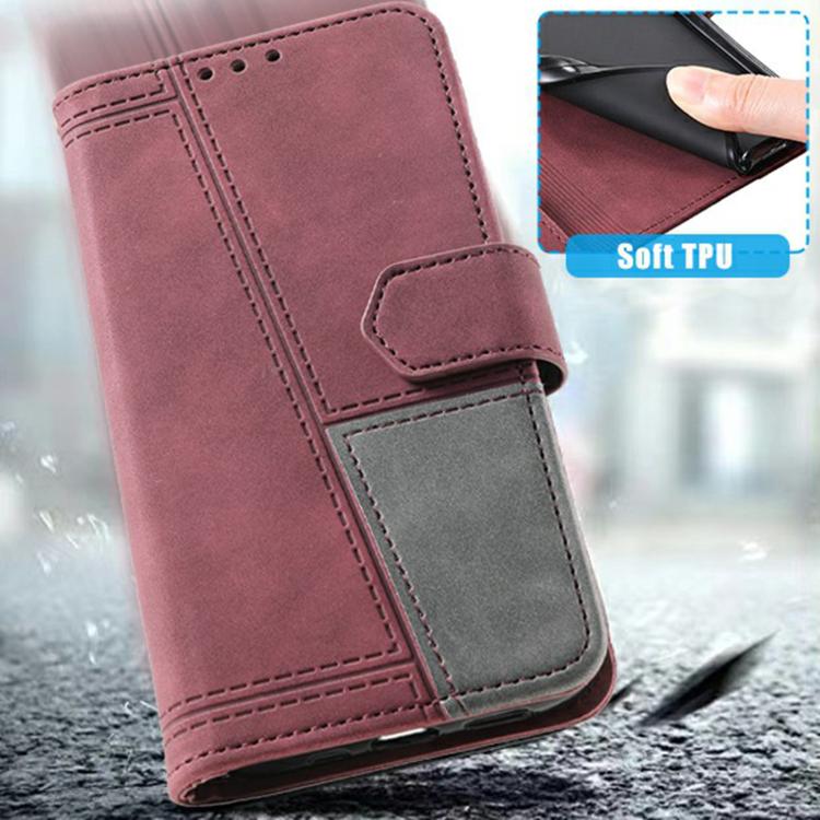 For iPhone 16e TTUDRCH Embossed Line Splicing Leather Phone Case(Wine Red)