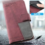 For iPhone 16e TTUDRCH Embossed Line Splicing Leather Phone Case(Wine Red)