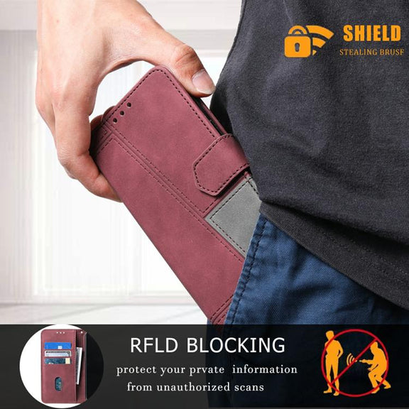 For iPhone 16e TTUDRCH Embossed Line Splicing Leather Phone Case(Wine Red)