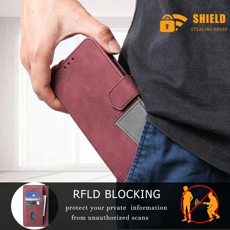 For iPhone 16e TTUDRCH Embossed Line Splicing Leather Phone Case(Wine Red)