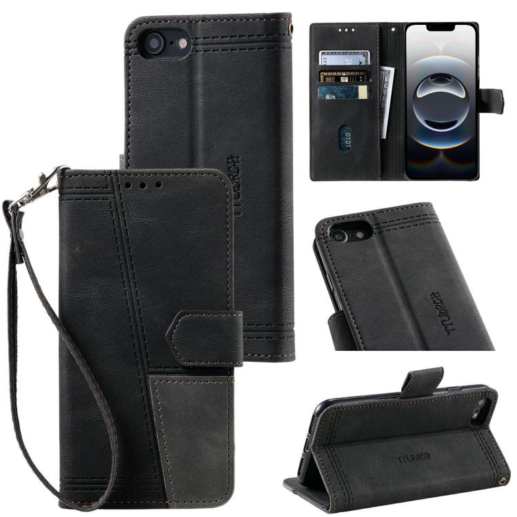 For iPhone 16e TTUDRCH Embossed Line Splicing Leather Phone Case(Black)
