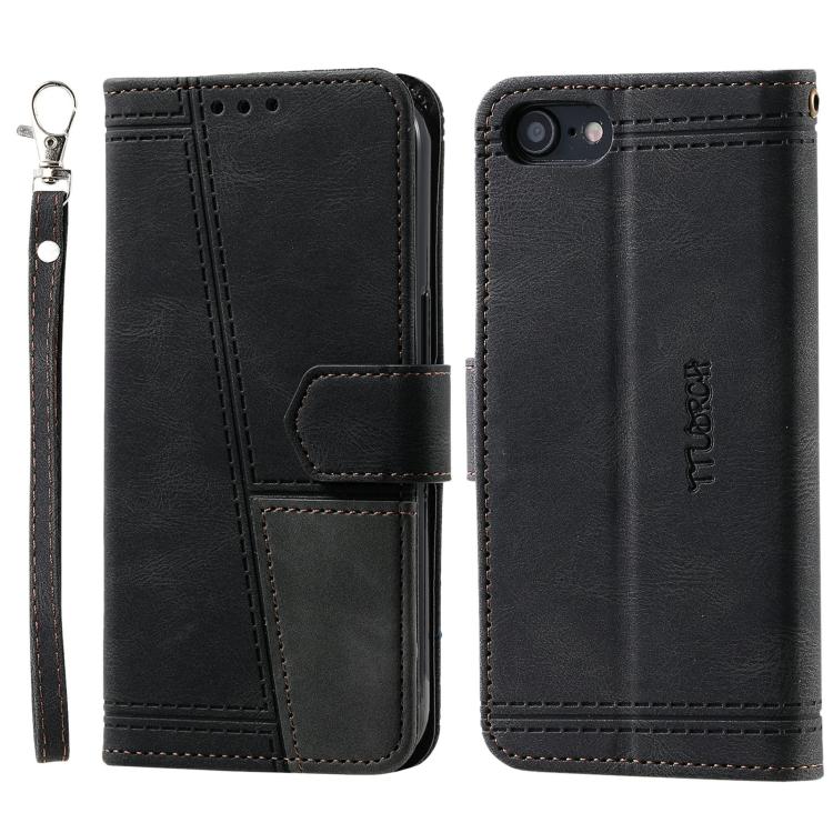 For iPhone 16e TTUDRCH Embossed Line Splicing Leather Phone Case(Black)