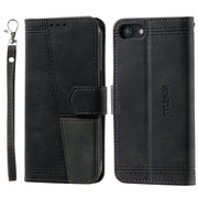 For iPhone 16e TTUDRCH Embossed Line Splicing Leather Phone Case(Black)