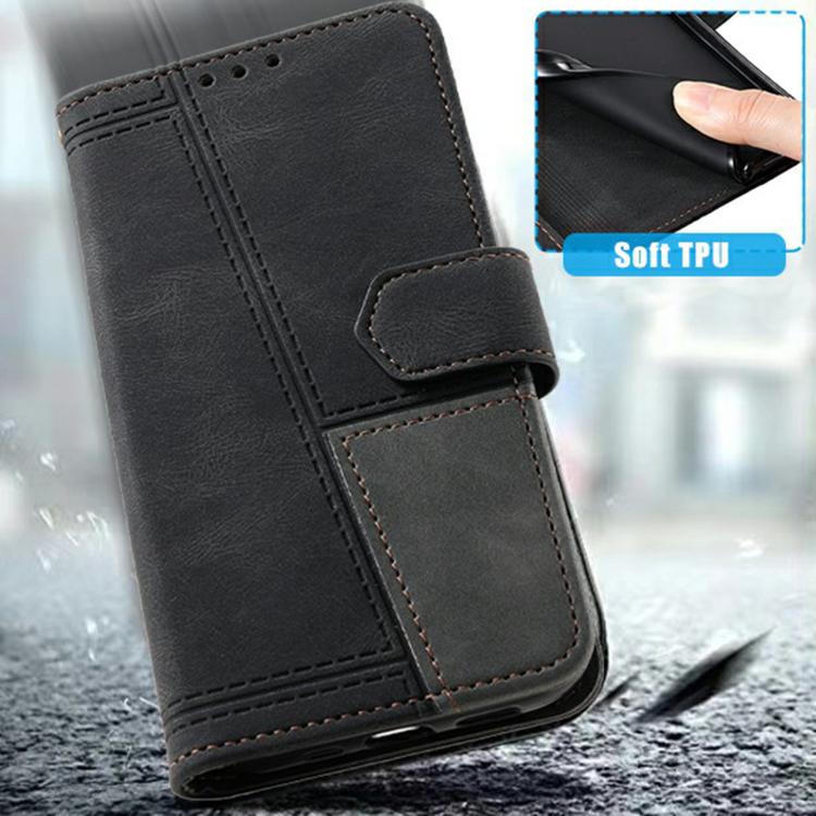 For iPhone 16e TTUDRCH Embossed Line Splicing Leather Phone Case(Black)