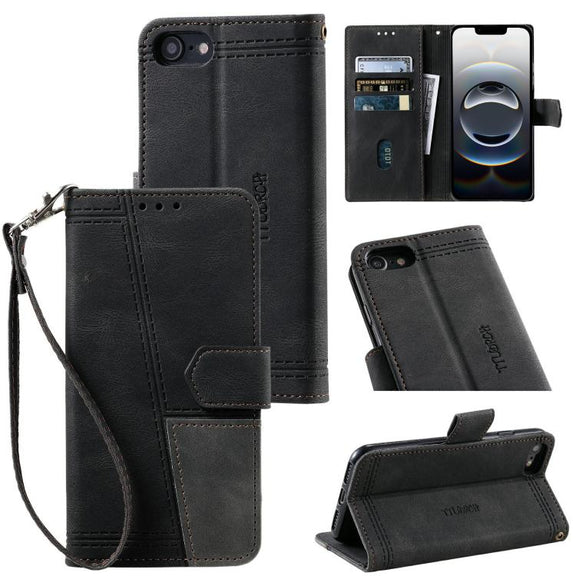 For iPhone 16e TTUDRCH Embossed Line Splicing Leather Phone Case(Black)