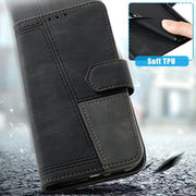 For iPhone 16e TTUDRCH Embossed Line Splicing Leather Phone Case(Black)