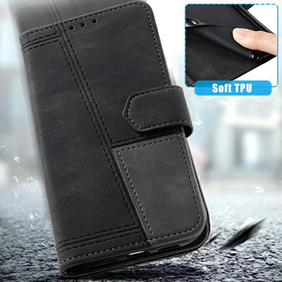 For iPhone 16e TTUDRCH Embossed Line Splicing Leather Phone Case(Black)