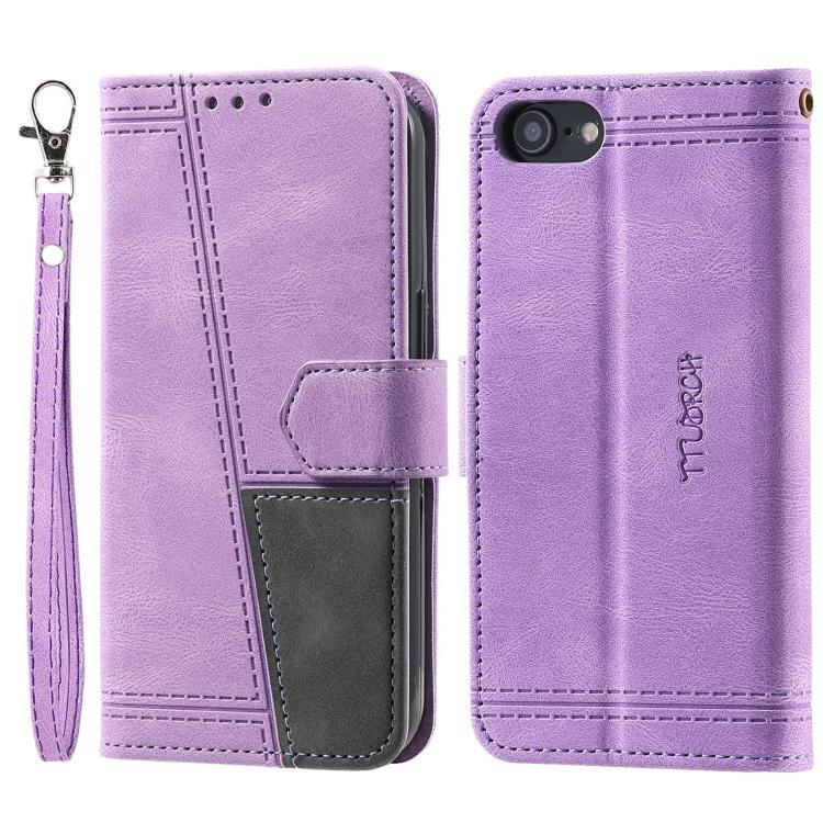 For iPhone 16e TTUDRCH Embossed Line Splicing Leather Phone Case(Purple)
