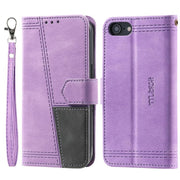 For iPhone 16e TTUDRCH Embossed Line Splicing Leather Phone Case(Purple)