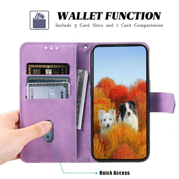 For iPhone 16e TTUDRCH Embossed Line Splicing Leather Phone Case(Purple)