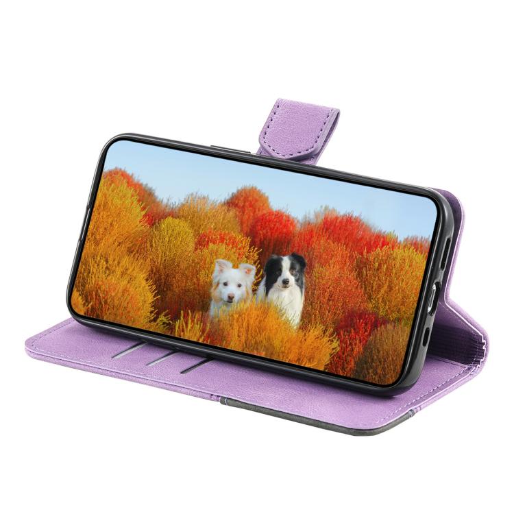 For iPhone 16e TTUDRCH Embossed Line Splicing Leather Phone Case(Purple)