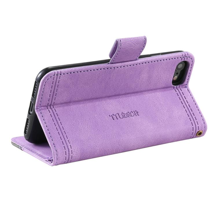 For iPhone 16e TTUDRCH Embossed Line Splicing Leather Phone Case(Purple)