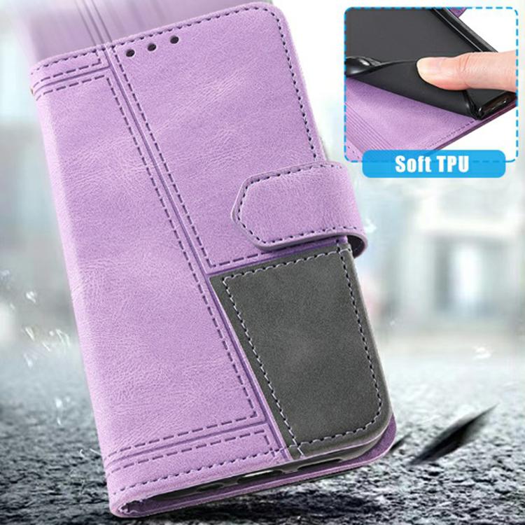 For iPhone 16e TTUDRCH Embossed Line Splicing Leather Phone Case(Purple)