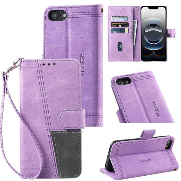 For iPhone 16e TTUDRCH Embossed Line Splicing Leather Phone Case(Purple)