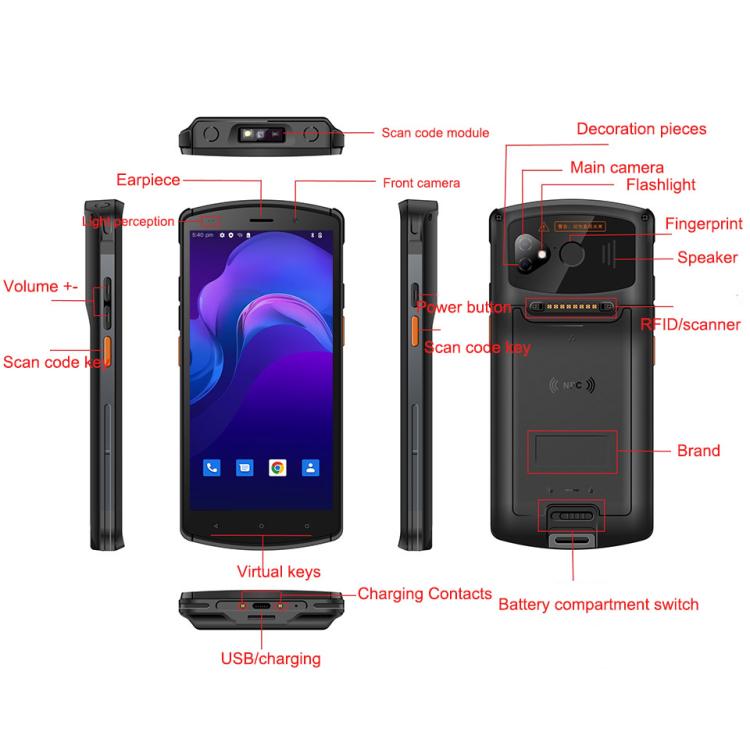 UNIWA V7S PDA Barcode Scanner Rugged Phone, 4GB+64GB, 5.7 inch Android 12 Mediatek MT6762 Octa Core, NFC, Network: 4G, Plug:UK Plug(Black)